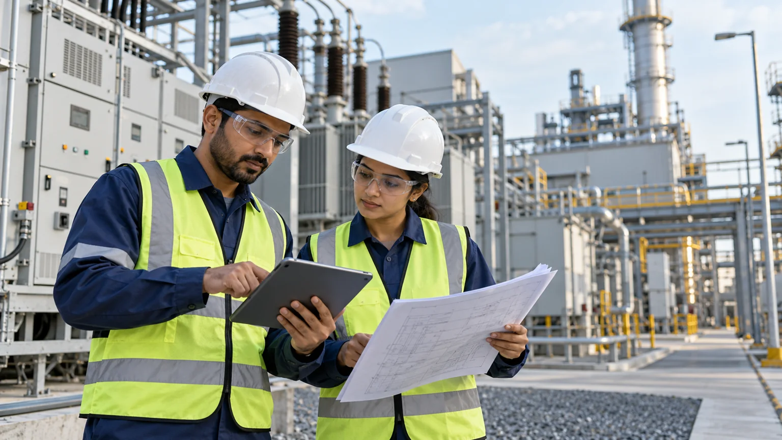 Illustrative engineers reviewing an industrial energy installation