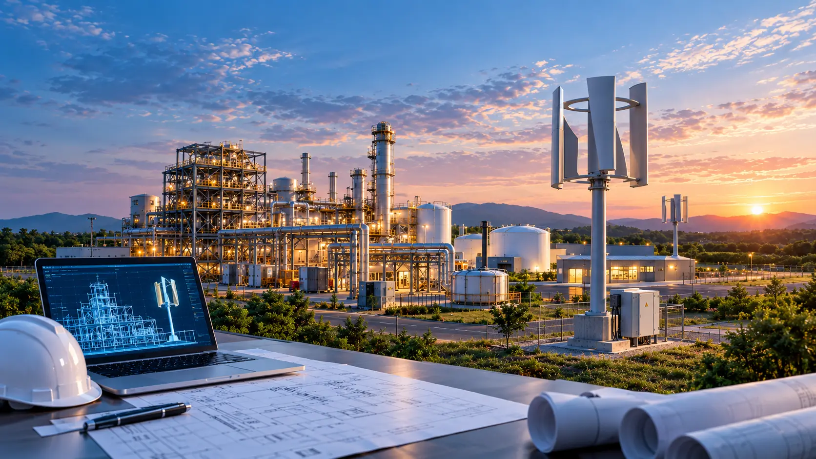 Illustrative engineers reviewing an industrial energy installation
