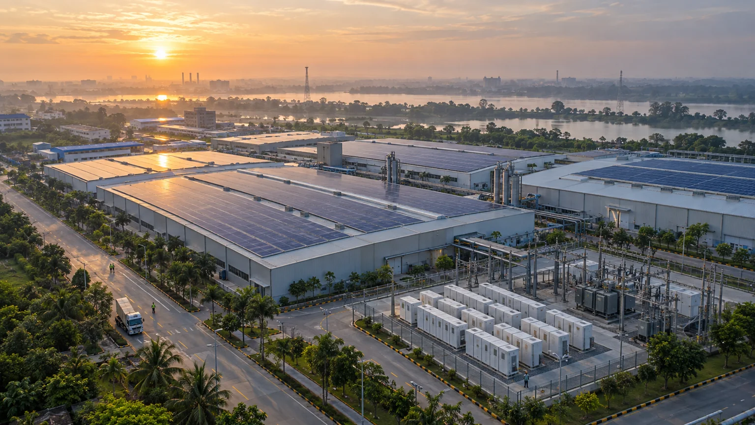 Integrated solar, battery storage and electrical infrastructure at an illustrative industrial campus in Bangladesh