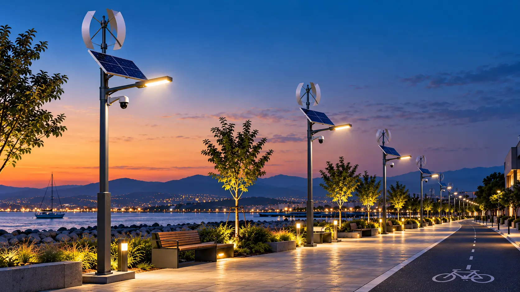 Illustrative campus lighting, digital display and solar security installation