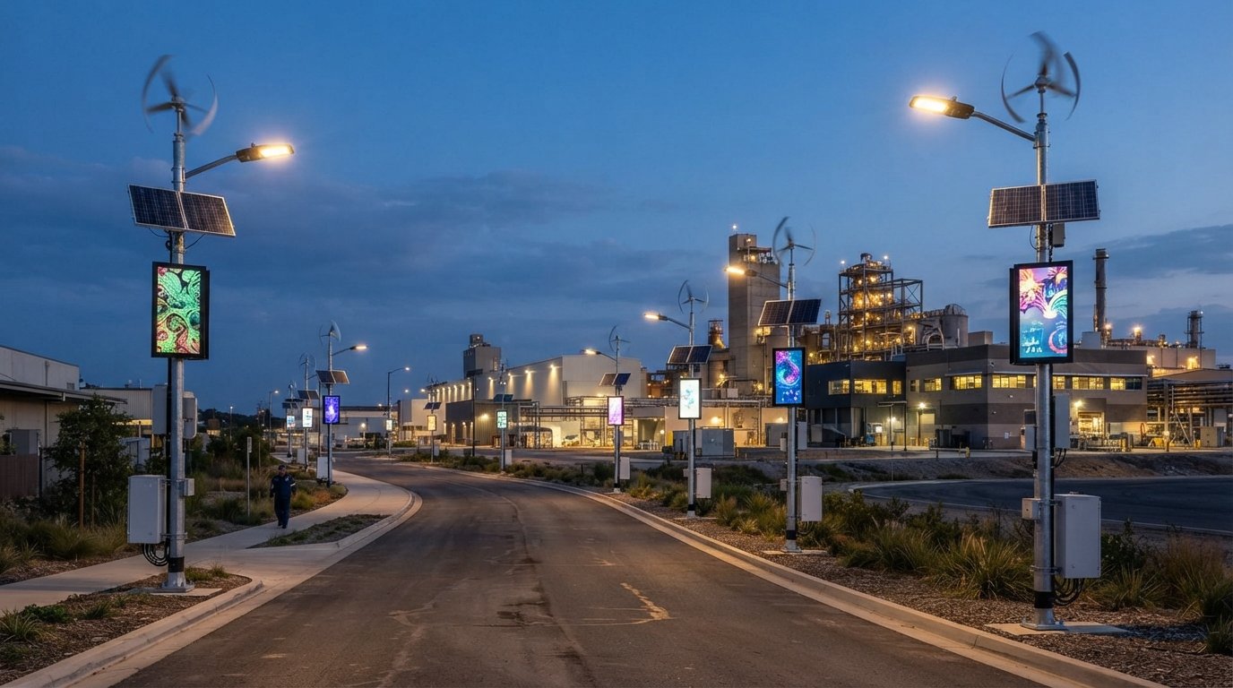 Illustrative campus lighting, digital display and solar security installation